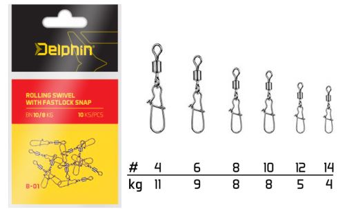 Delphin Karabinka s obratlíkem Rolling Swivel with Fastlock Snap Velikost 4 11kg 10ks