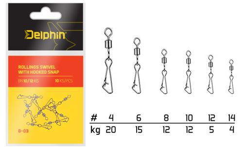 Delphin Karabinka s obratlíkem Rollings Swivel with Hooked Snap Velikost 6 15kg 10ks